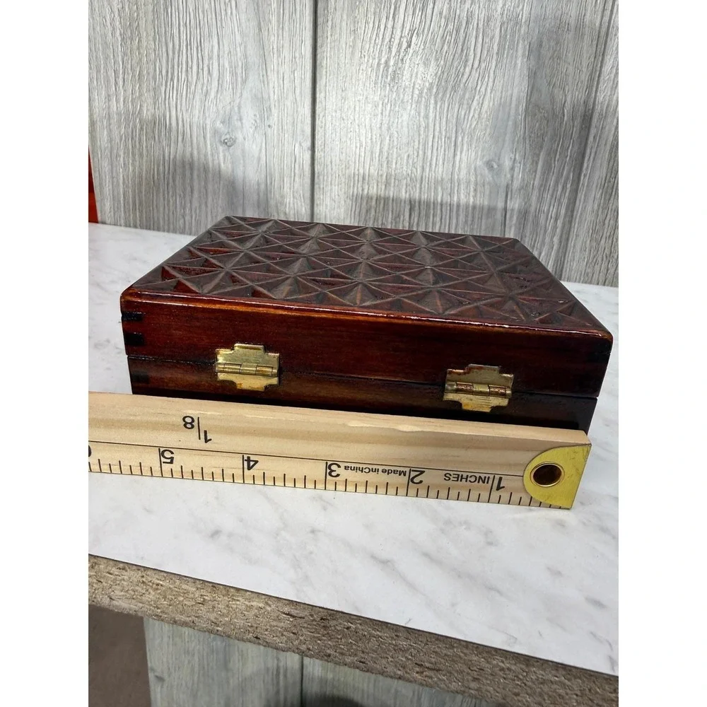 Vintage Hand Carved Wooden Trinket Box Geometric Starburst Design Dark Wood